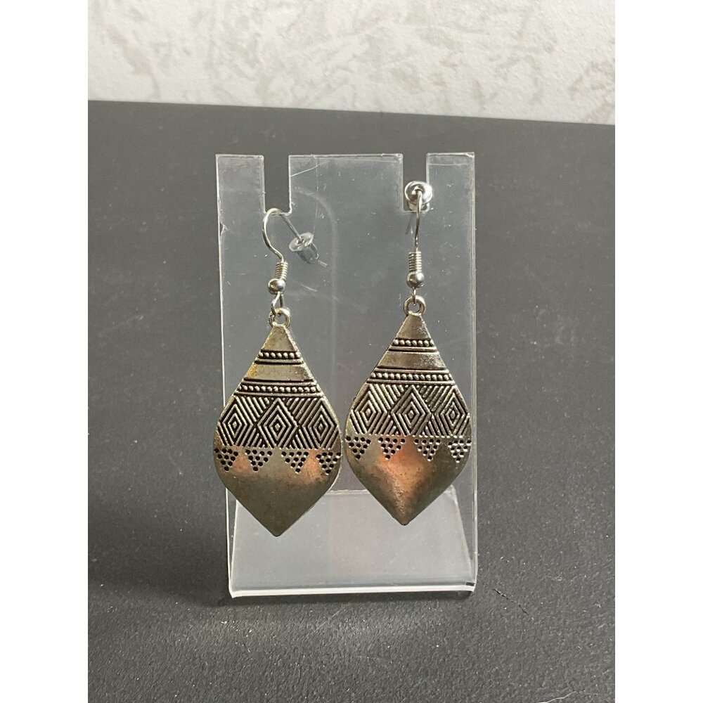 Tribal Geometric Patterned Silver Dangle Earrings For Women